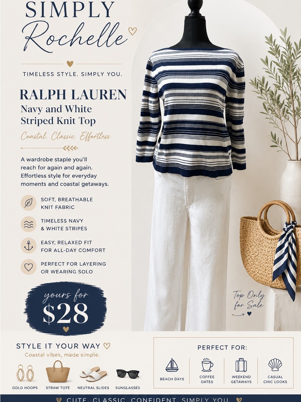 Ralph Lauren Navy and White Striped Knit Top